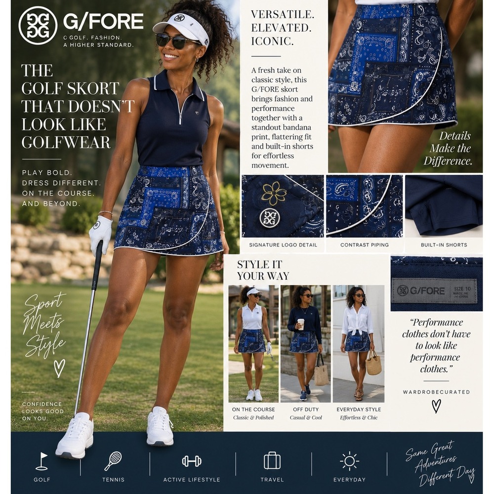 G/FORE Women 10 Golf Skort Bandana Paisley Patchwork Navy Blue Built-In Shorts